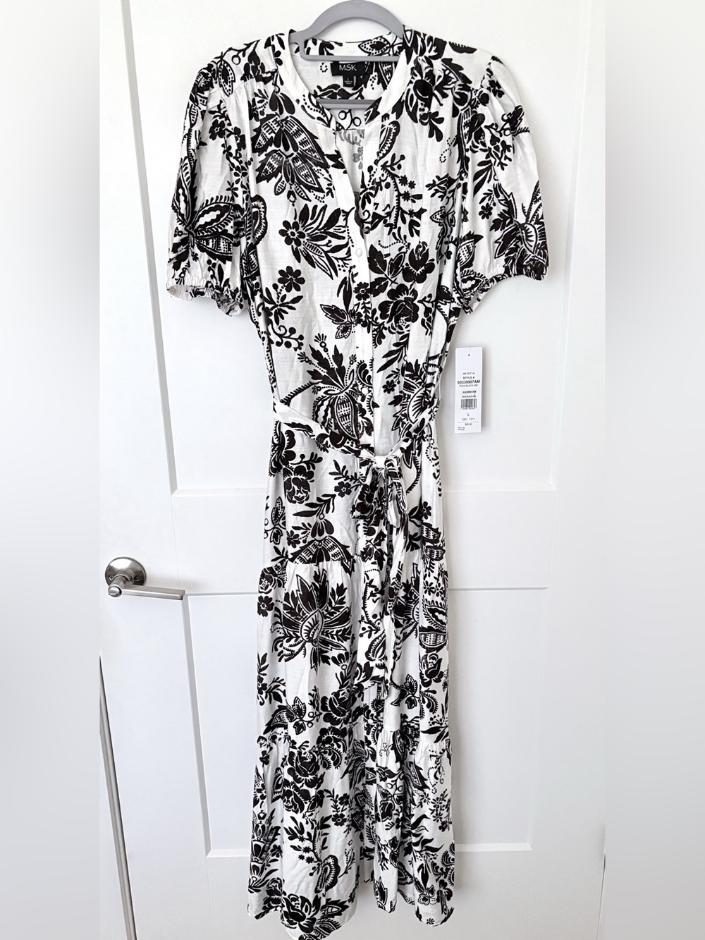 MSK Floral Puff Sleeve Tiered Maxi Dress Rich Black White - Size L